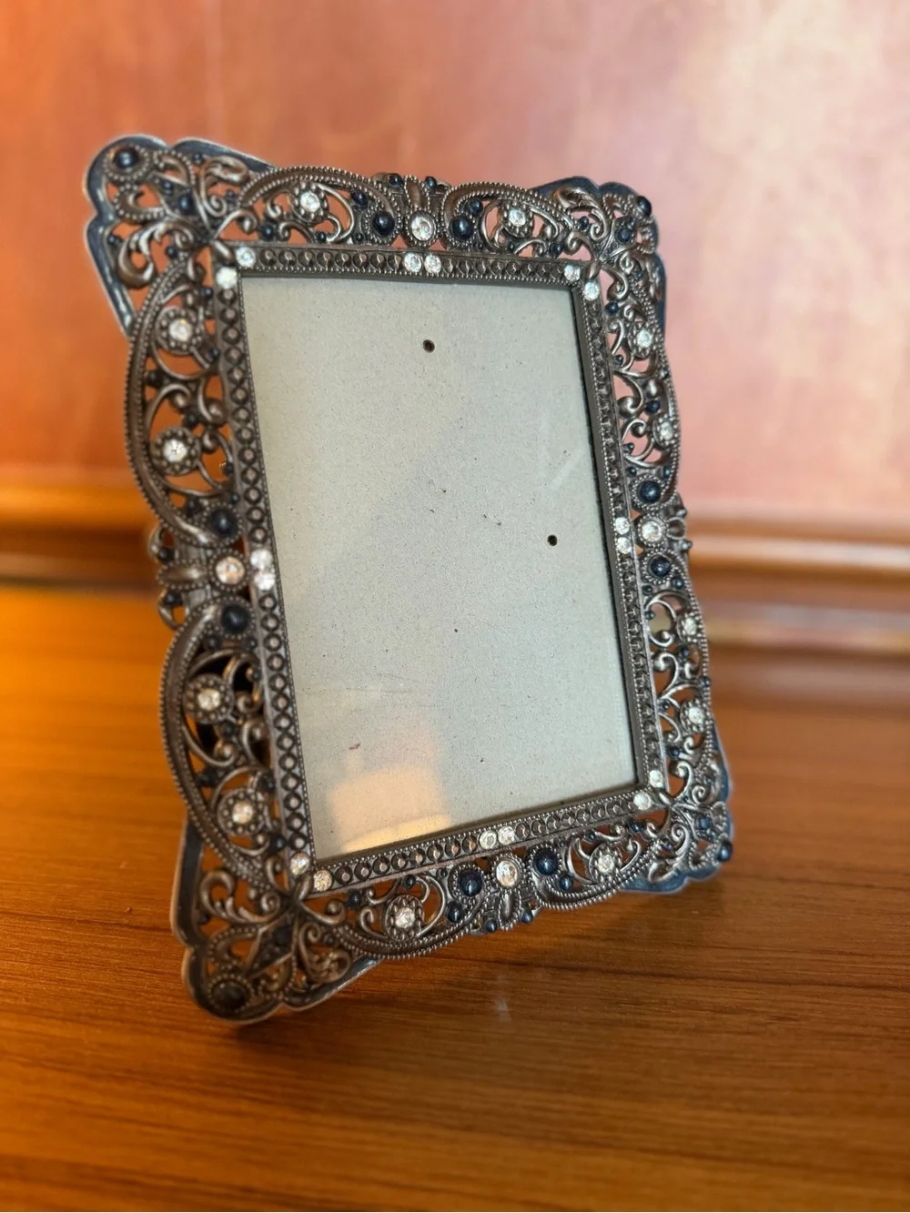 Vintage Ornate Pewter Metal Bejeweled 4x6 Picture Frame Heavy Filigree Crystals